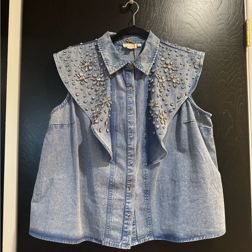 Let Me Be Embellished Denim Flutter Sleeve Top - NWT